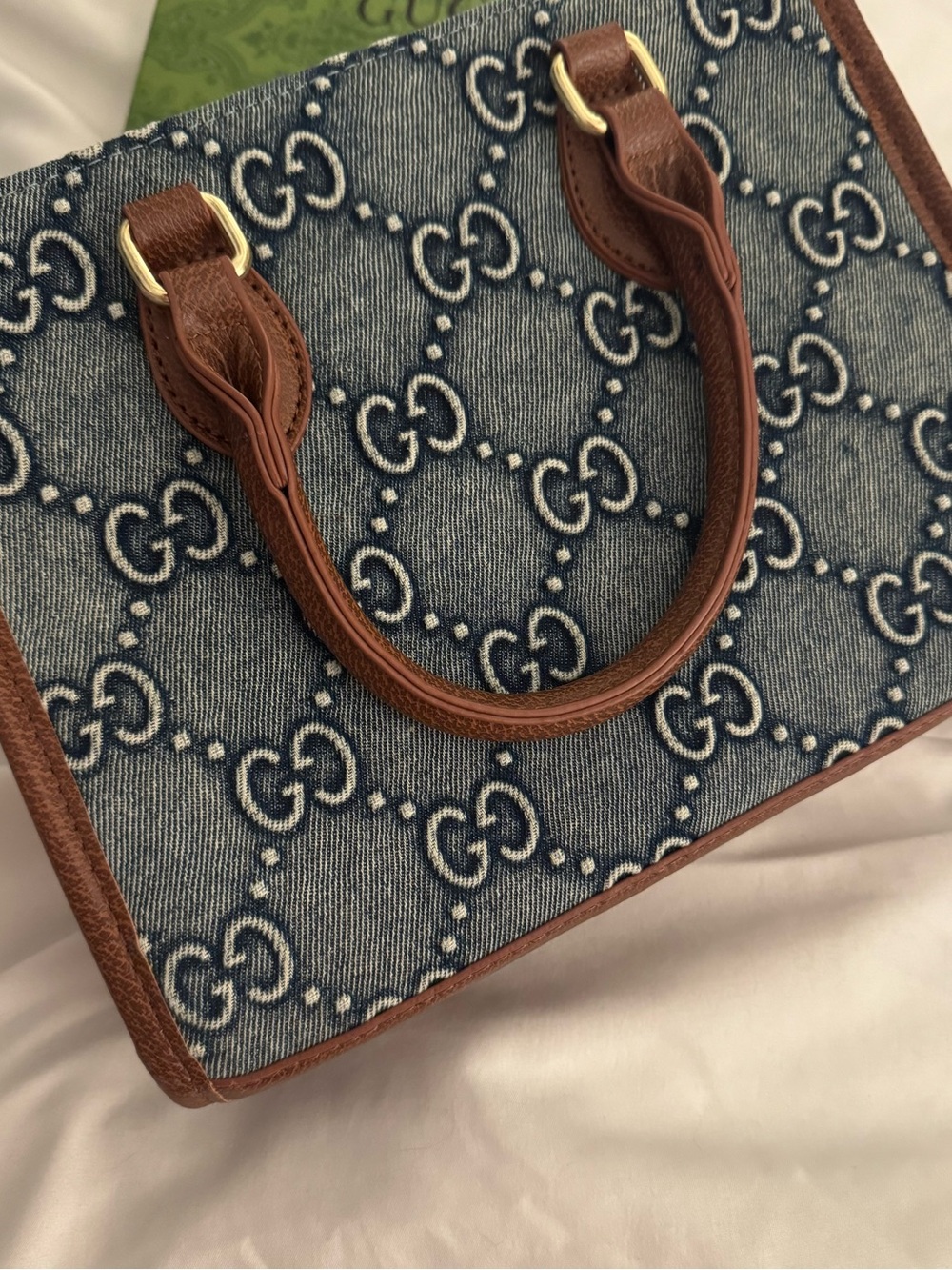 Blue Denim G G Top-Handle Bag with Brown Leather Trim